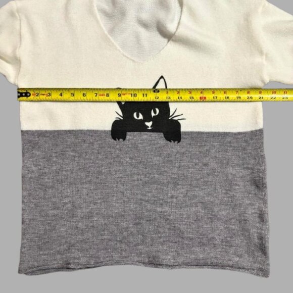 Super Cute Gray/Off White Black Cat Sweater V Neck Dolman Long Sleeves SZ XL - Picture 6 of 8